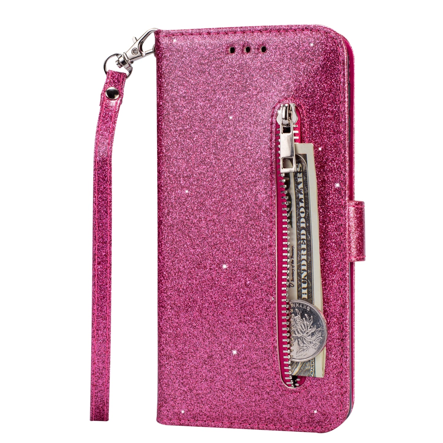 Glitter Powder Zippered Stand Leather Wallet Case with Strap for Samsung Galaxy A70