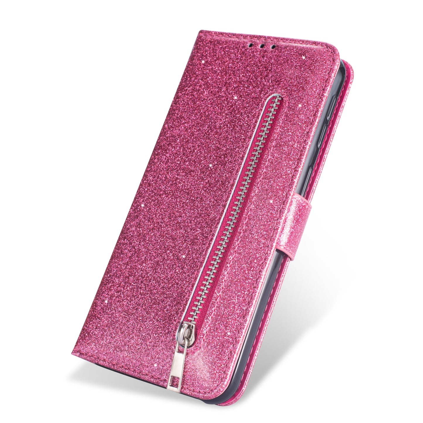 Glitter Powder Zippered Stand Leather Wallet Case with Strap for Samsung Galaxy A70