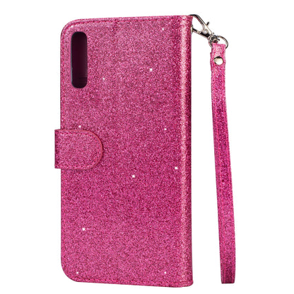 Glitter Powder Zippered Stand Leather Wallet Case with Strap for Samsung Galaxy A70