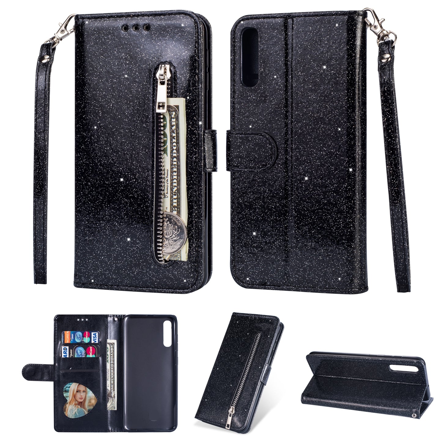 Glitter Powder Zippered Stand Leather Wallet Case with Strap for Samsung Galaxy A70