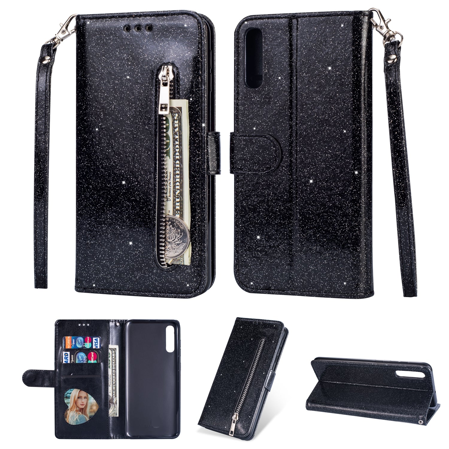 Glitter Powder Zippered Stand Leather Wallet Case with Strap for Samsung Galaxy A70