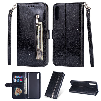 Glitter Powder Zippered Stand Leather Wallet Case with Strap for Samsung Galaxy A70