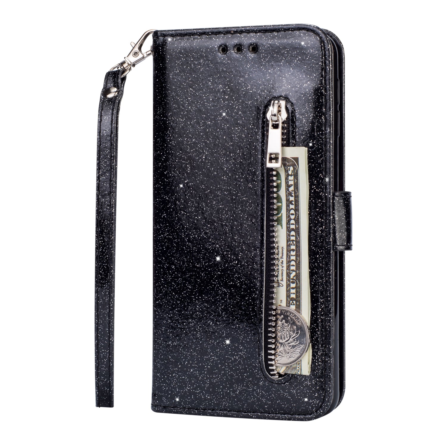Glitter Powder Zippered Stand Leather Wallet Case with Strap for Samsung Galaxy A70