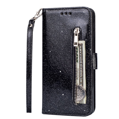 Glitter Powder Zippered Stand Leather Wallet Case with Strap for Samsung Galaxy A70