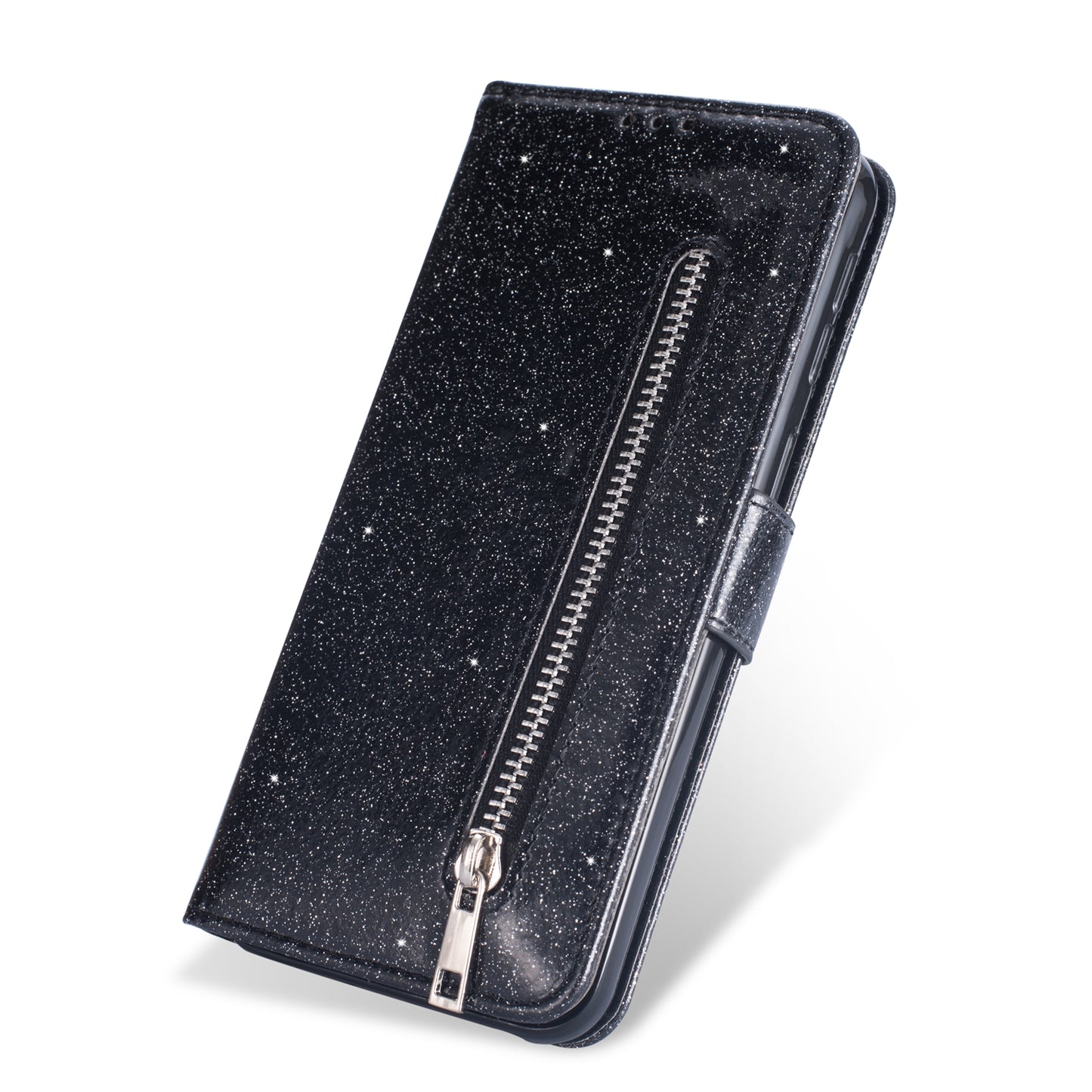 Glitter Powder Zippered Stand Leather Wallet Case with Strap for Samsung Galaxy A70