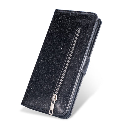 Glitter Powder Zippered Stand Leather Wallet Case with Strap for Samsung Galaxy A70