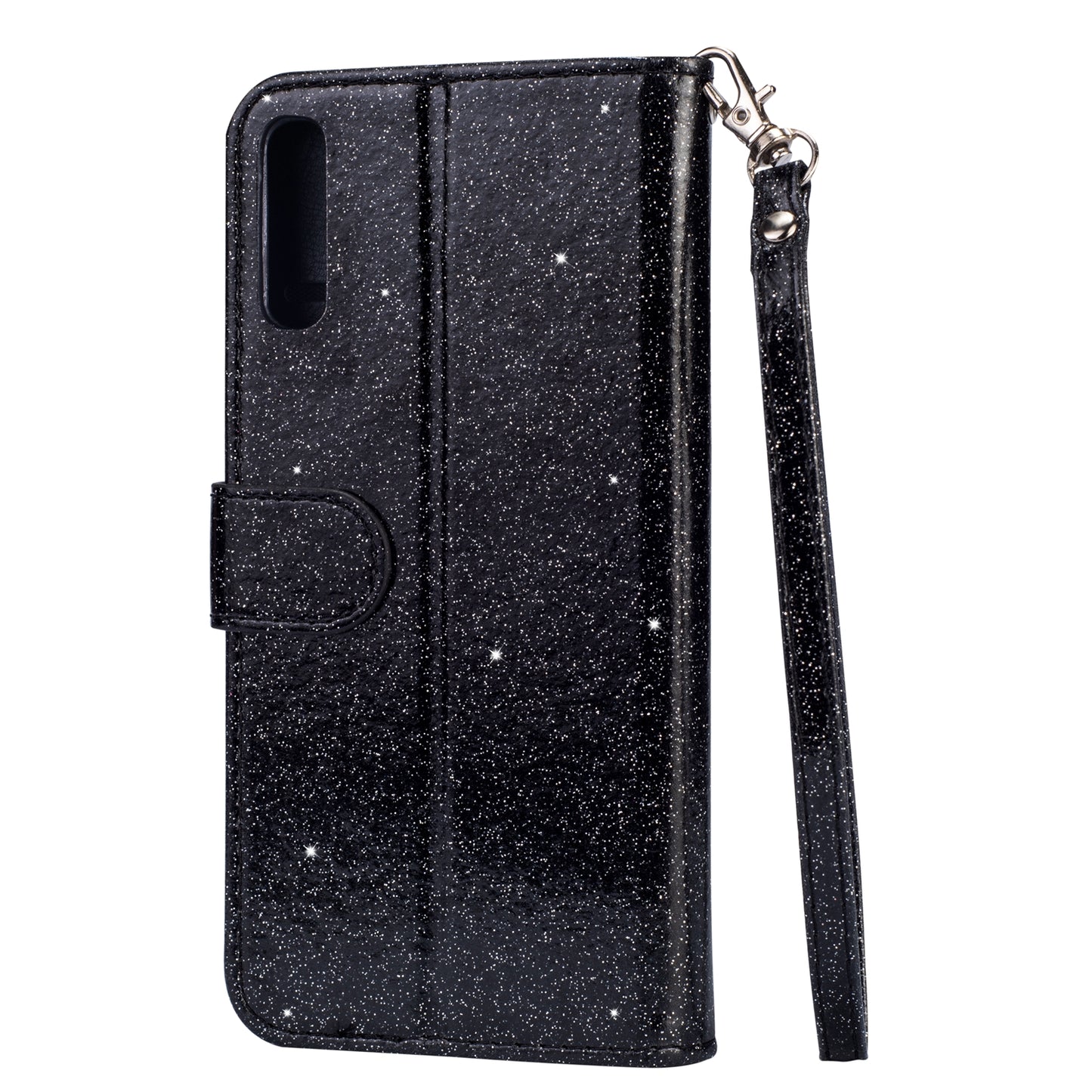 Glitter Powder Zippered Stand Leather Wallet Case with Strap for Samsung Galaxy A70