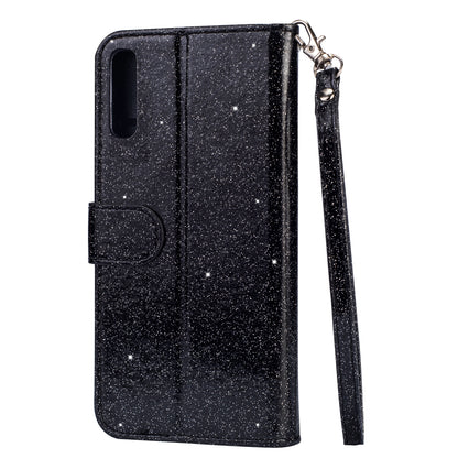 Glitter Powder Zippered Stand Leather Wallet Case with Strap for Samsung Galaxy A70