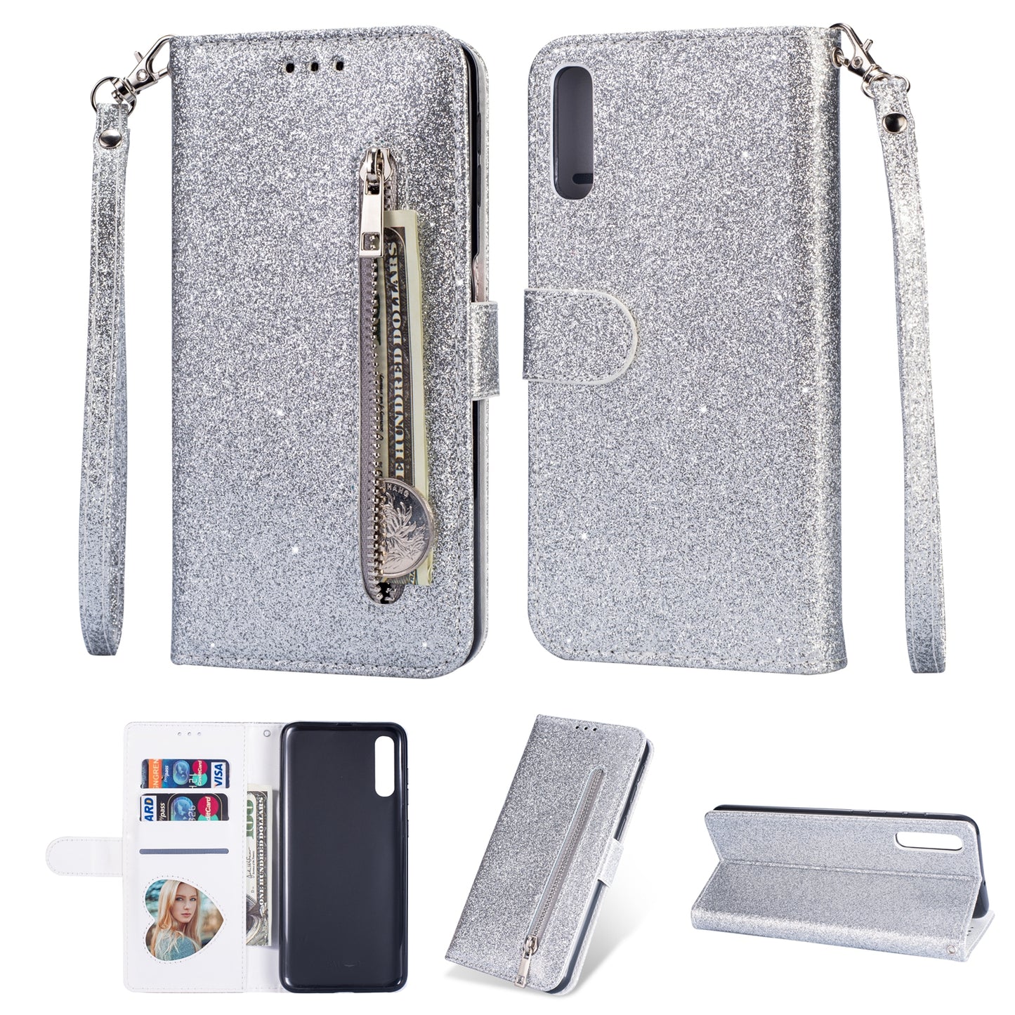 Glitter Powder Zippered Stand Leather Wallet Case with Strap for Samsung Galaxy A70