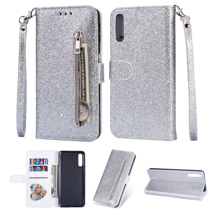 Glitter Powder Zippered Stand Leather Wallet Case with Strap for Samsung Galaxy A70