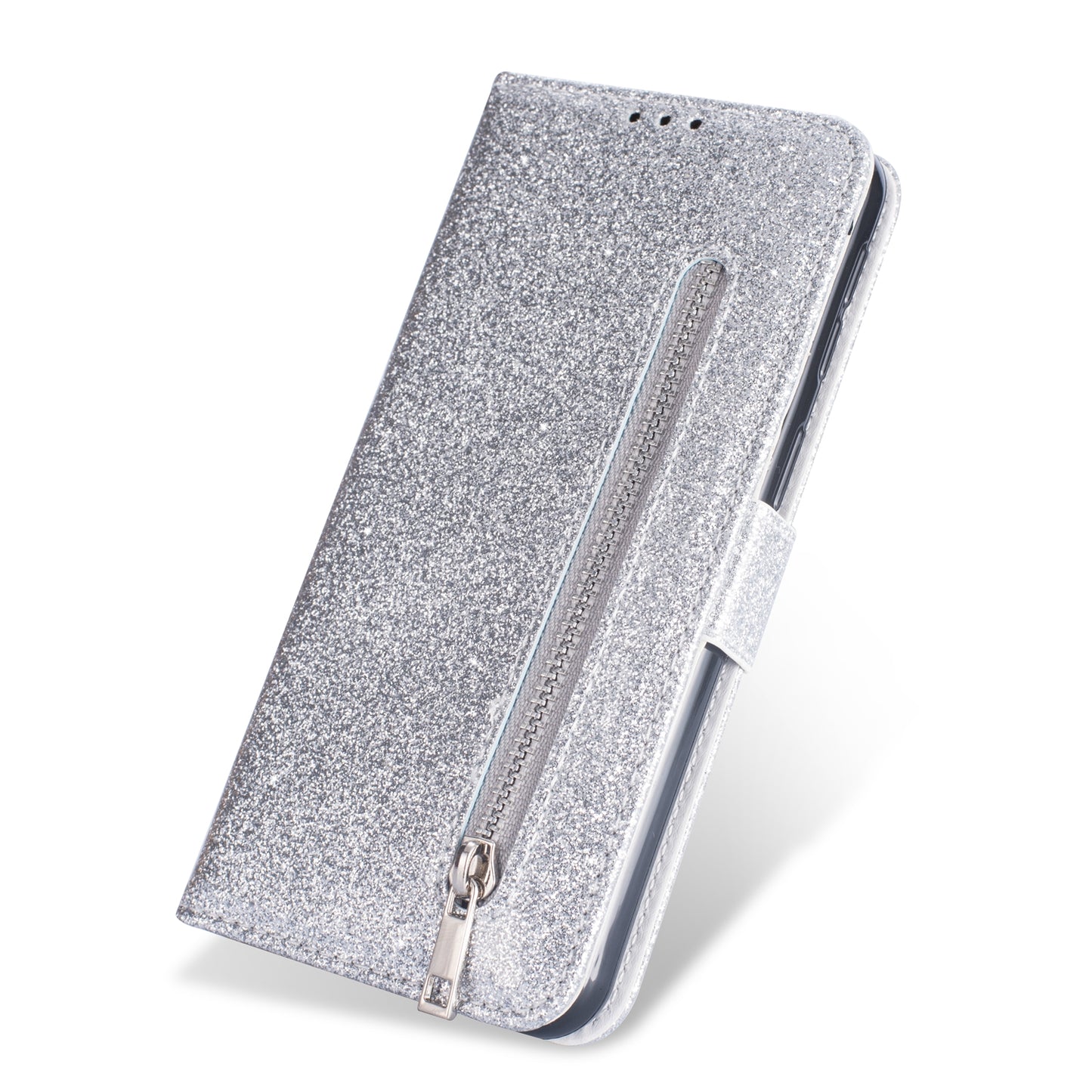 Glitter Powder Zippered Stand Leather Wallet Case with Strap for Samsung Galaxy A70