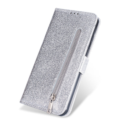 Glitter Powder Zippered Stand Leather Wallet Case with Strap for Samsung Galaxy A70