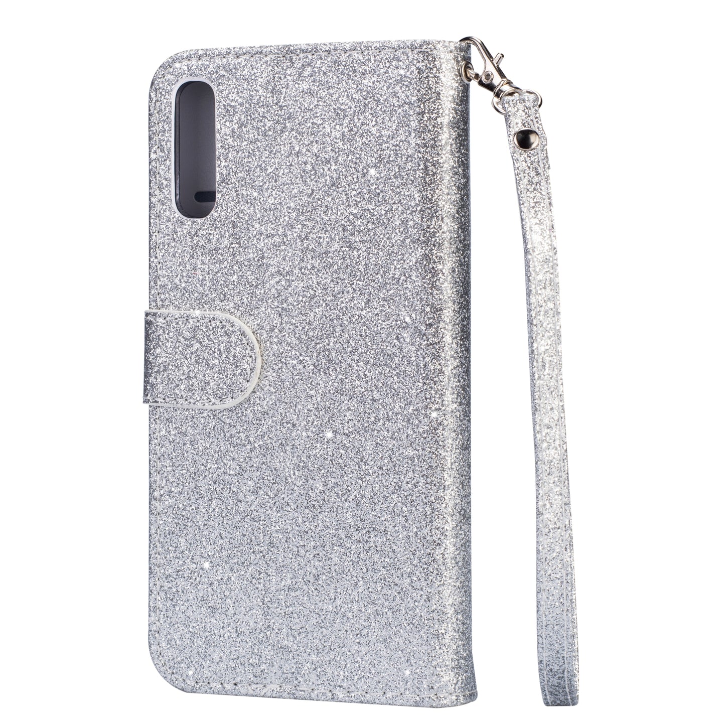 Glitter Powder Zippered Stand Leather Wallet Case with Strap for Samsung Galaxy A70