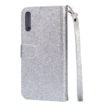 Glitter Powder Zippered Stand Leather Wallet Case with Strap for Samsung Galaxy A70