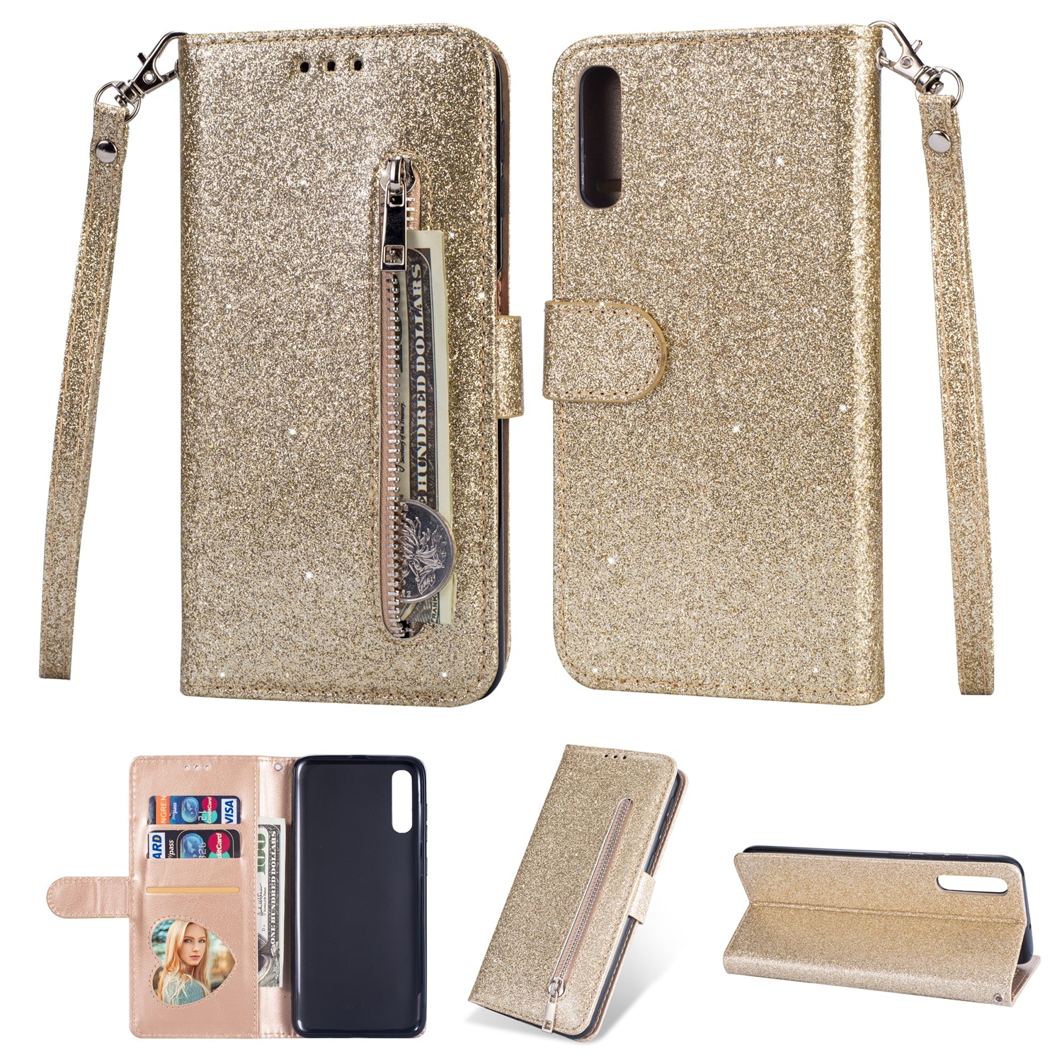 Glitter Powder Zippered Stand Leather Wallet Case with Strap for Samsung Galaxy A70
