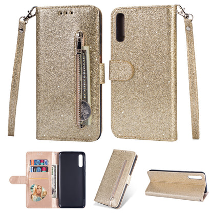 Glitter Powder Zippered Stand Leather Wallet Case with Strap for Samsung Galaxy A70