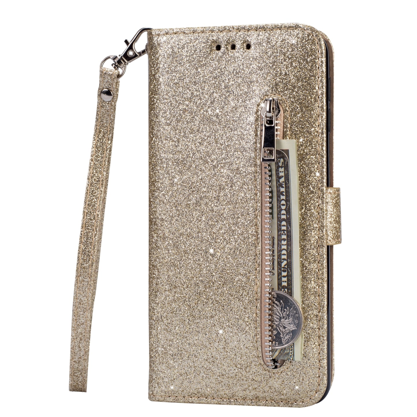 Glitter Powder Zippered Stand Leather Wallet Case with Strap for Samsung Galaxy A70