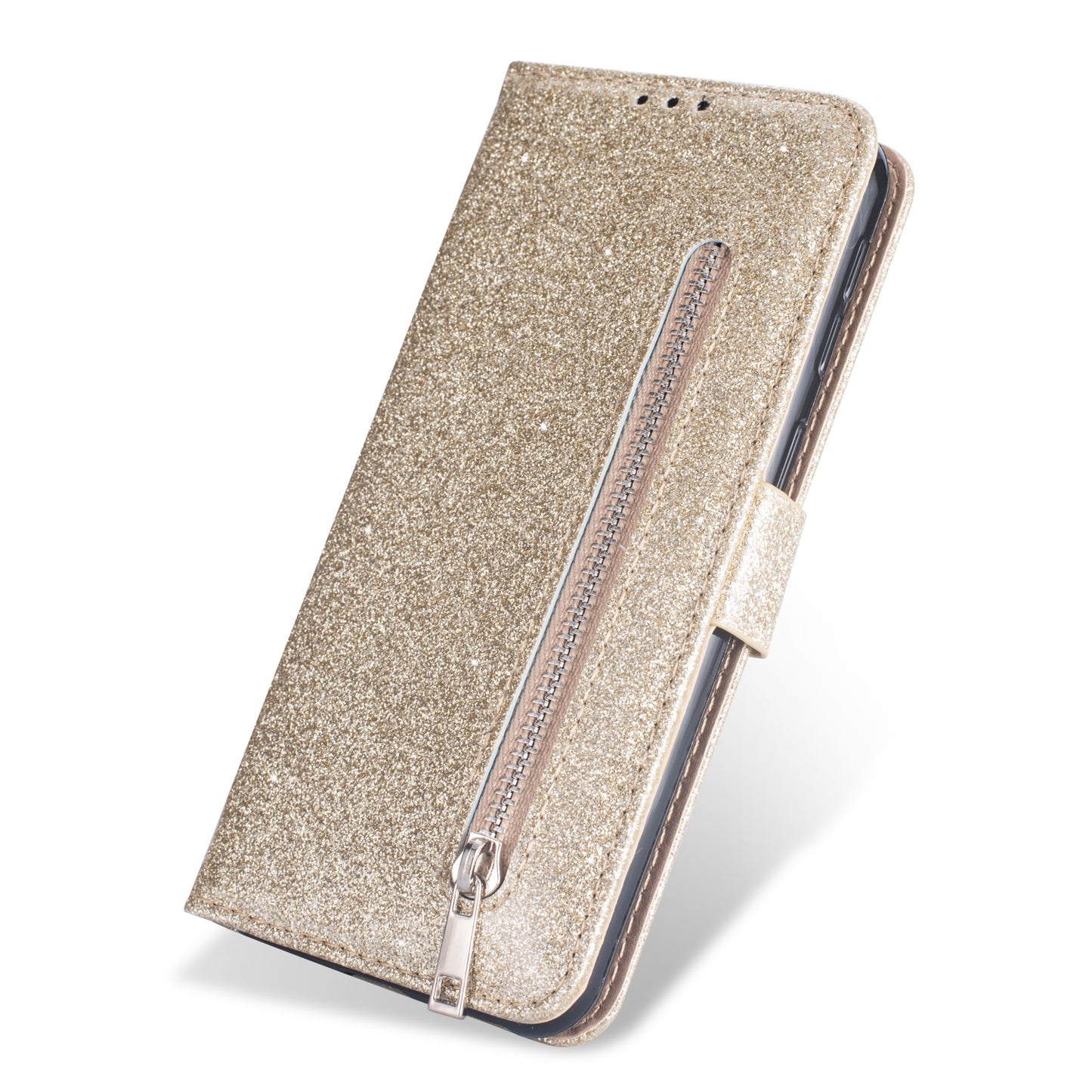 Glitter Powder Zippered Stand Leather Wallet Case with Strap for Samsung Galaxy A70