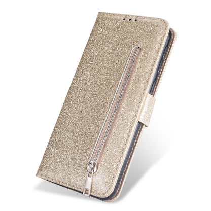Glitter Powder Zippered Stand Leather Wallet Case with Strap for Samsung Galaxy A70