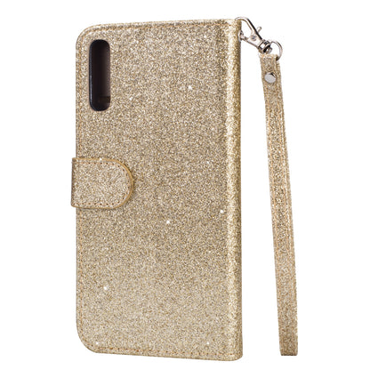 Glitter Powder Zippered Stand Leather Wallet Case with Strap for Samsung Galaxy A70