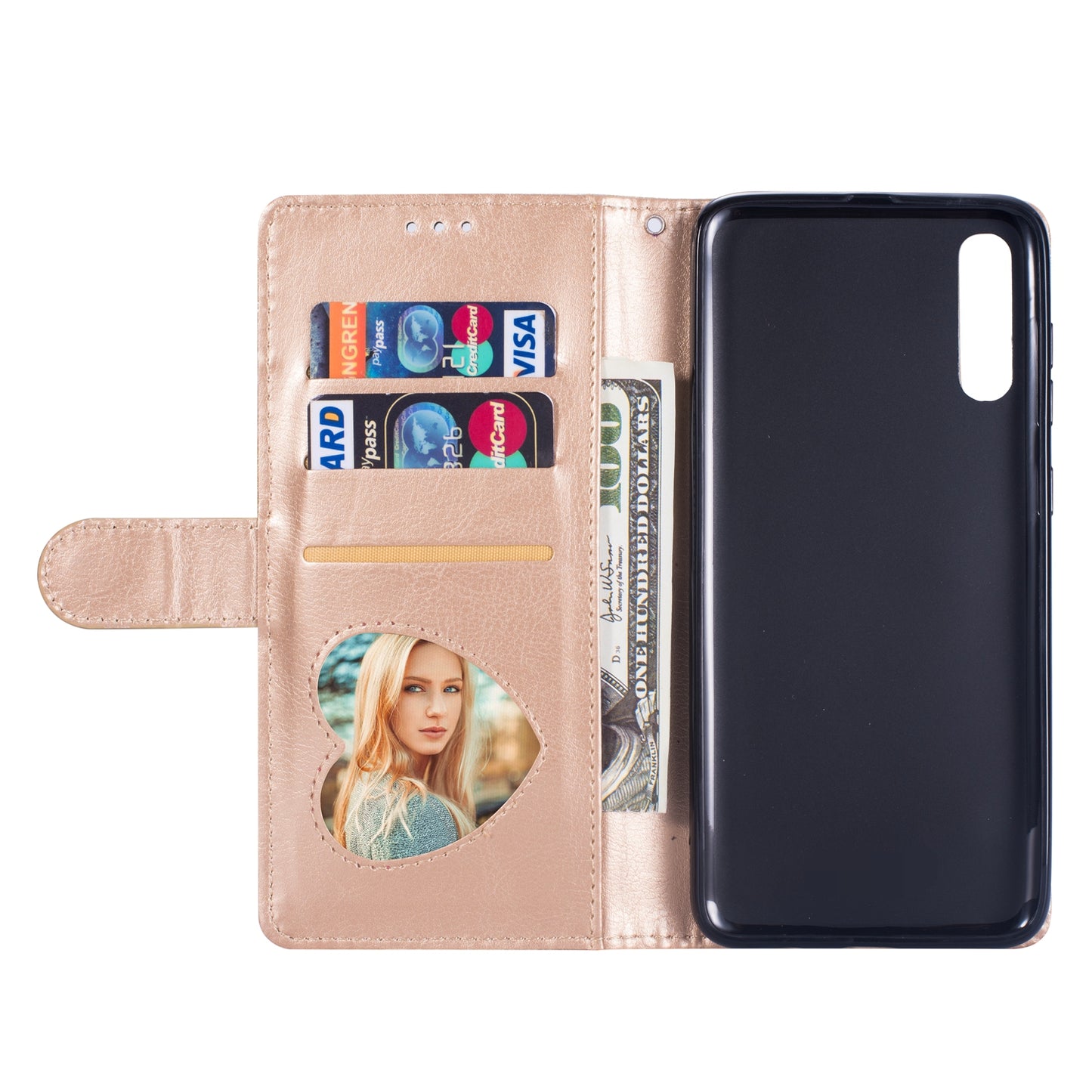 Glitter Powder Zippered Stand Leather Wallet Case with Strap for Samsung Galaxy A70