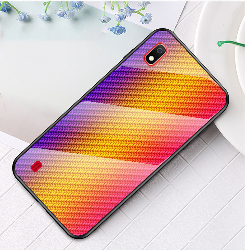 For Samsung Galaxy A10 Carbon Fiber Texture Tempered Glass + PC + TPU Shell