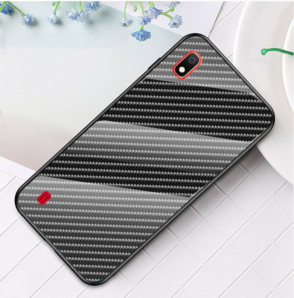 For Samsung Galaxy A10 Carbon Fiber Texture Tempered Glass + PC + TPU Shell