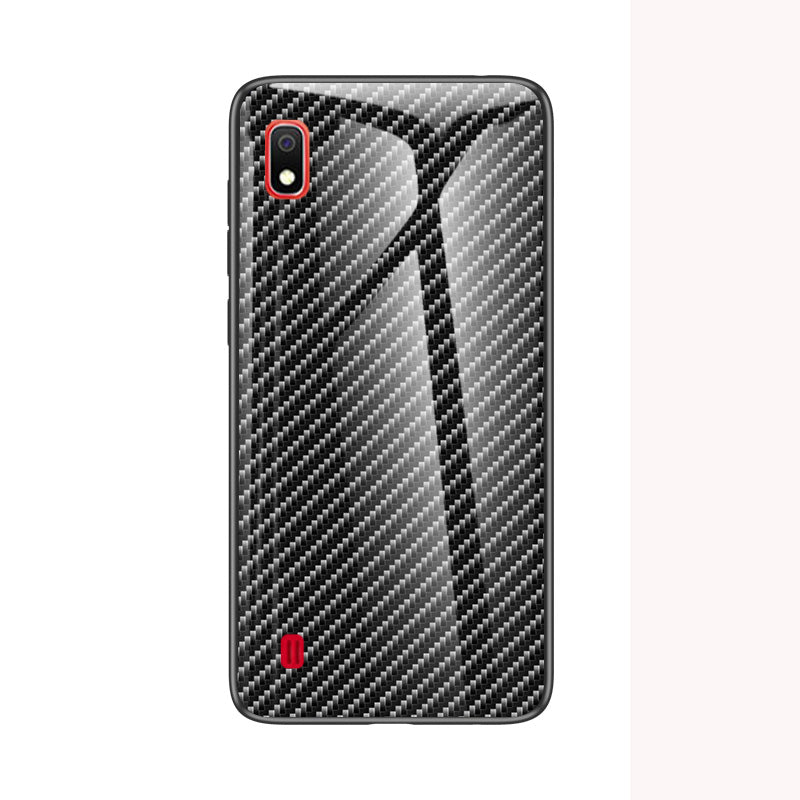 For Samsung Galaxy A10 Carbon Fiber Texture Tempered Glass + PC + TPU Shell