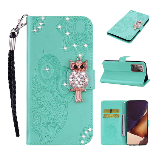 Rhinestone Decor Imprint Owl Flower Leather Wallet Stand Shell for Samsung Galaxy Note20 Ultra 5G / Galaxy Note20 Ultra