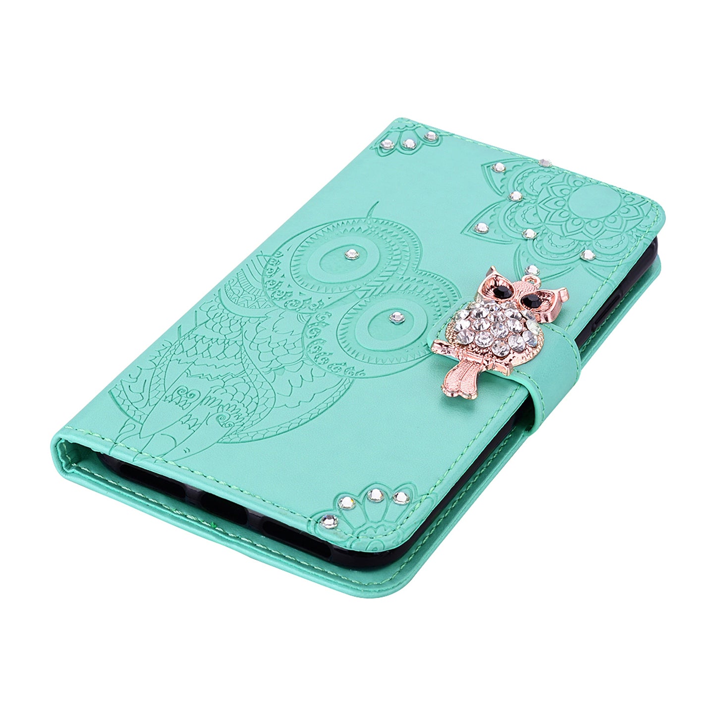 Rhinestone Decor Imprint Owl Flower Leather Wallet Stand Shell for Samsung Galaxy Note20 Ultra 5G / Galaxy Note20 Ultra