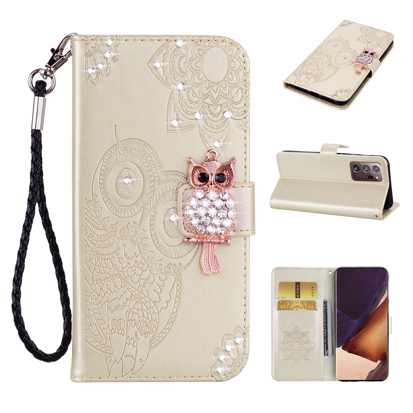 Rhinestone Decor Imprint Owl Flower Leather Wallet Stand Shell for Samsung Galaxy Note20 Ultra 5G / Galaxy Note20 Ultra