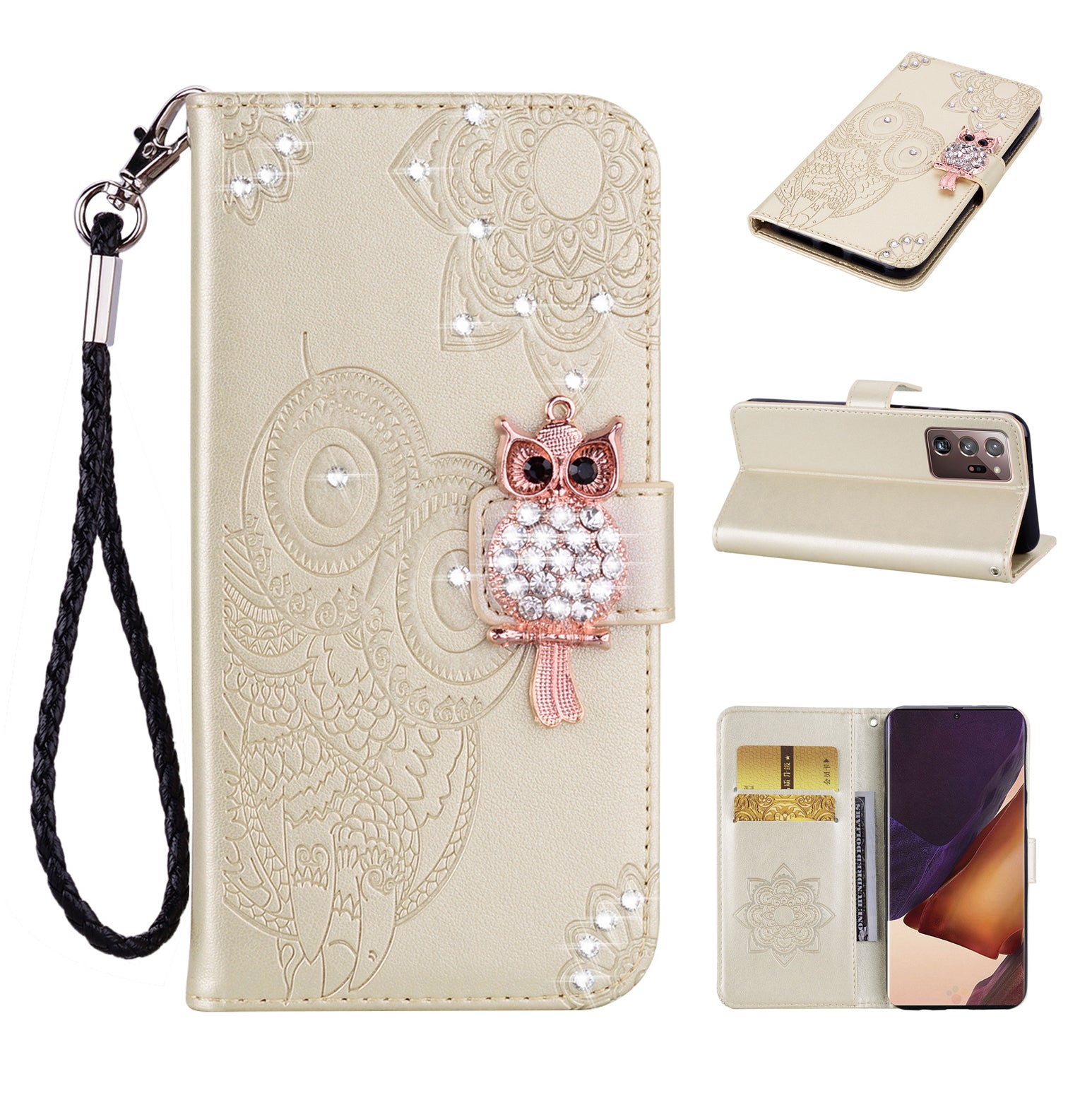 Rhinestone Decor Imprint Owl Flower Leather Wallet Stand Shell for Samsung Galaxy Note20 Ultra 5G / Galaxy Note20 Ultra