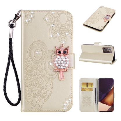 Rhinestone Decor Imprint Owl Flower Leather Wallet Stand Shell for Samsung Galaxy Note20 Ultra 5G / Galaxy Note20 Ultra