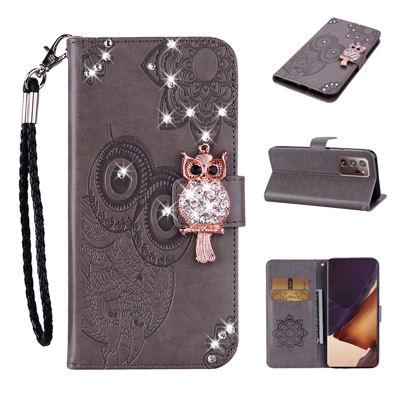 Rhinestone Decor Imprint Owl Flower Leather Wallet Stand Shell for Samsung Galaxy Note20 Ultra 5G / Galaxy Note20 Ultra