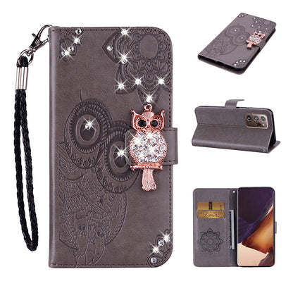 Rhinestone Decor Imprint Owl Flower Leather Wallet Stand Shell for Samsung Galaxy Note20 Ultra 5G / Galaxy Note20 Ultra