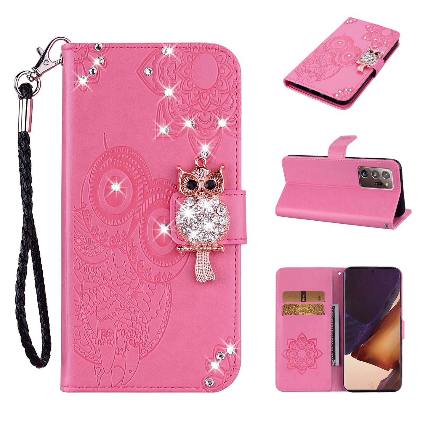 Rhinestone Decor Imprint Owl Flower Leather Wallet Stand Shell for Samsung Galaxy Note20 Ultra 5G / Galaxy Note20 Ultra
