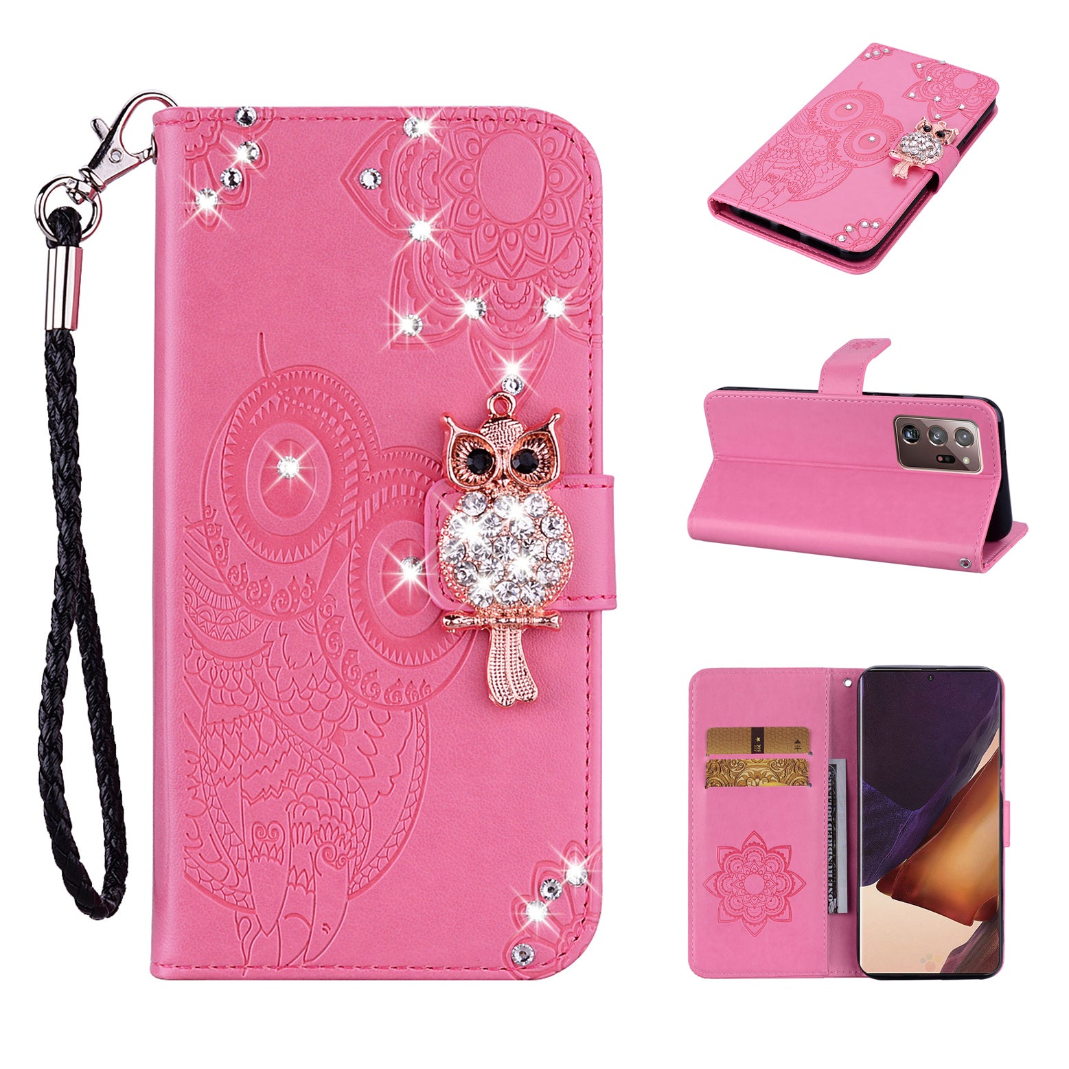 Rhinestone Decor Imprint Owl Flower Leather Wallet Stand Shell for Samsung Galaxy Note20 Ultra 5G / Galaxy Note20 Ultra