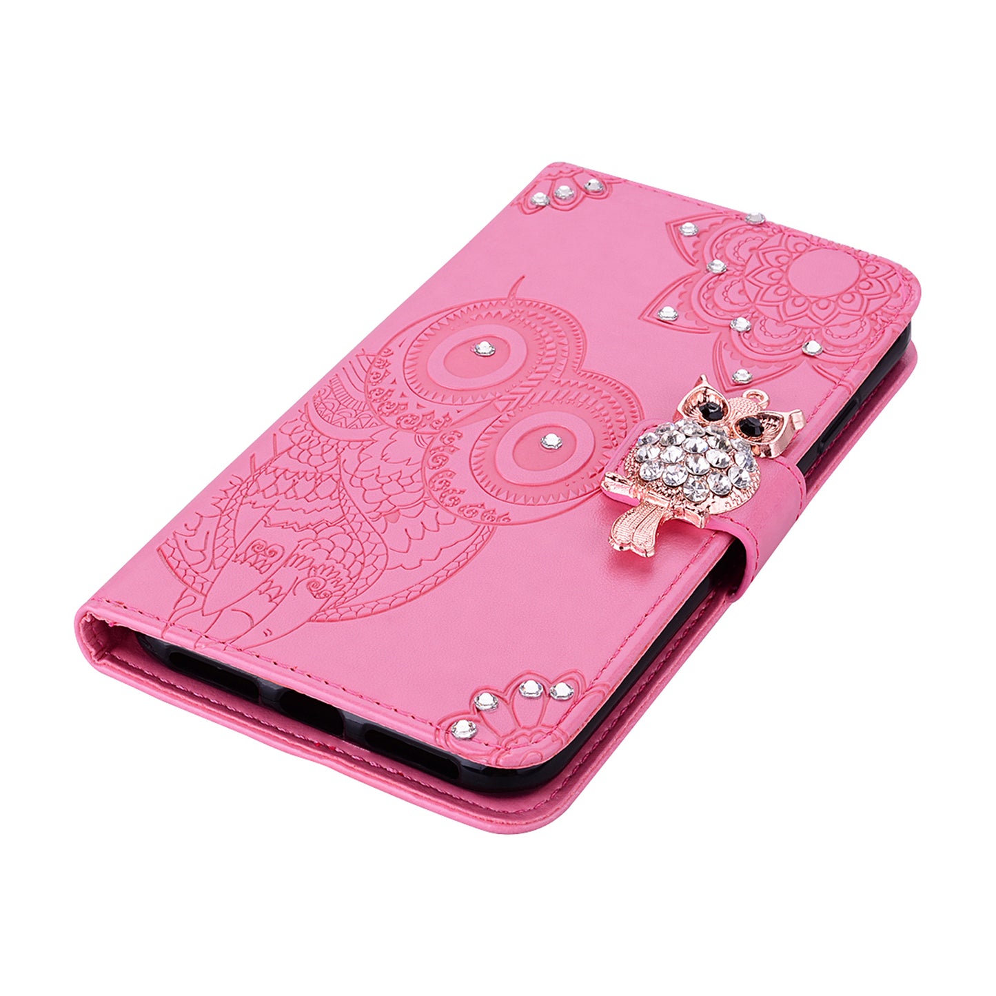 Rhinestone Decor Imprint Owl Flower Leather Wallet Stand Shell for Samsung Galaxy Note20 Ultra 5G / Galaxy Note20 Ultra