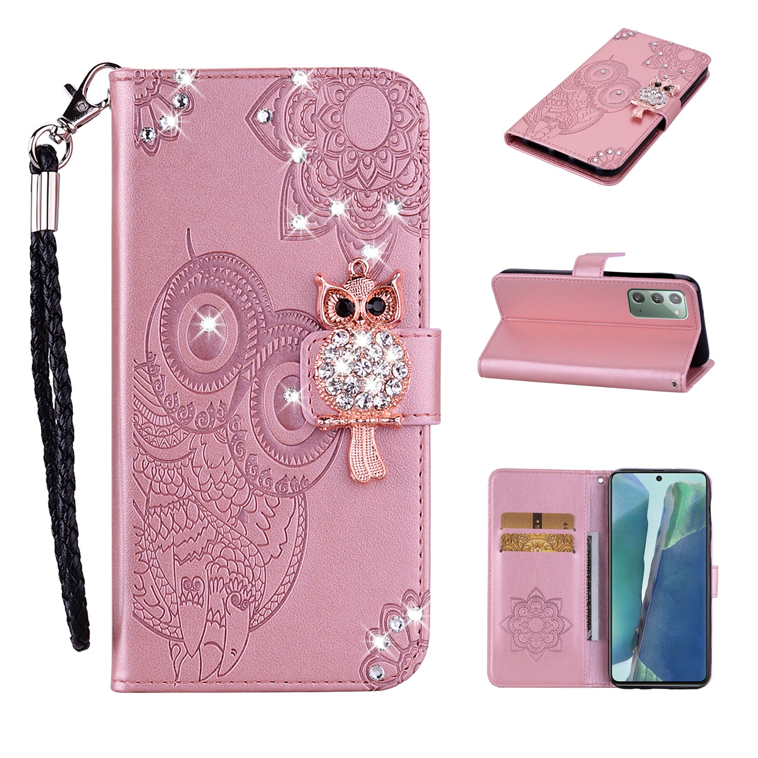 Rhinestone Decor Imprint Owl Flower Leather Wallet Stand Case for Samsung Galaxy Note20 4G/5G