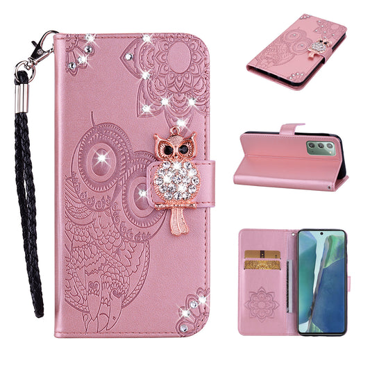 Rhinestone Decor Imprint Owl Flower Leather Wallet Stand Case for Samsung Galaxy Note20 4G/5G