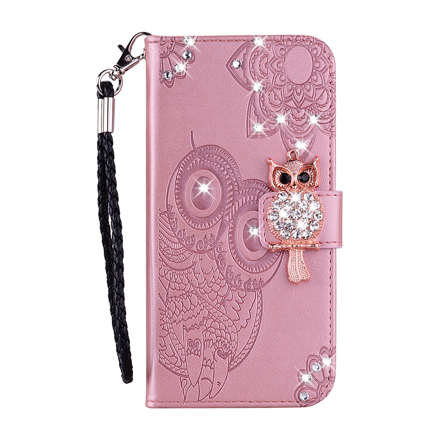 Rhinestone Decor Imprint Owl Flower Leather Wallet Stand Case for Samsung Galaxy Note20 4G/5G