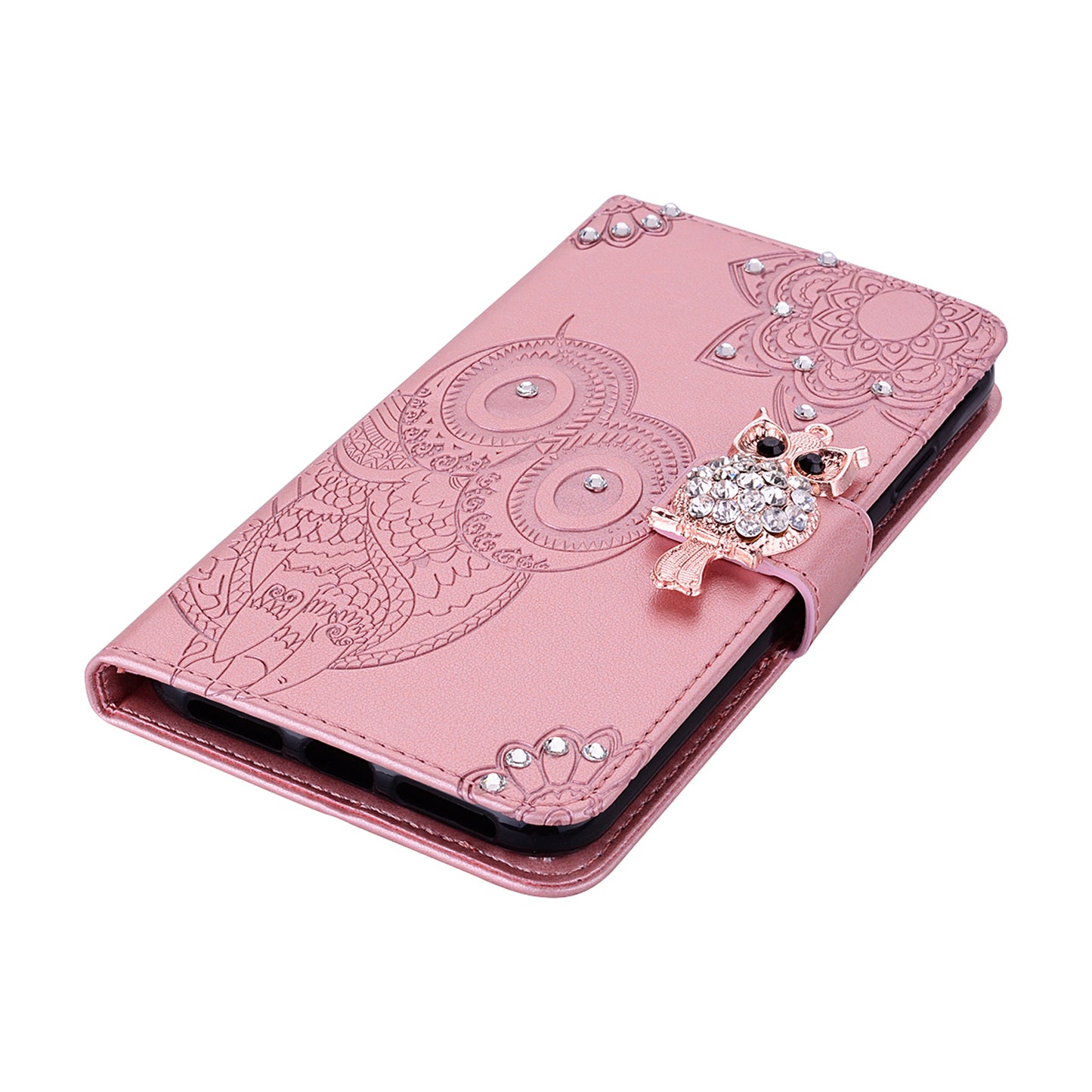 Rhinestone Decor Imprint Owl Flower Leather Wallet Stand Case for Samsung Galaxy Note20 4G/5G