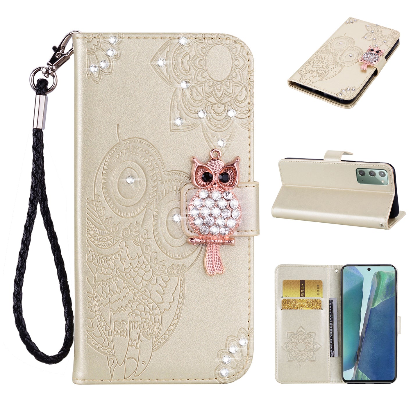 Rhinestone Decor Imprint Owl Flower Leather Wallet Stand Case for Samsung Galaxy Note20 4G/5G