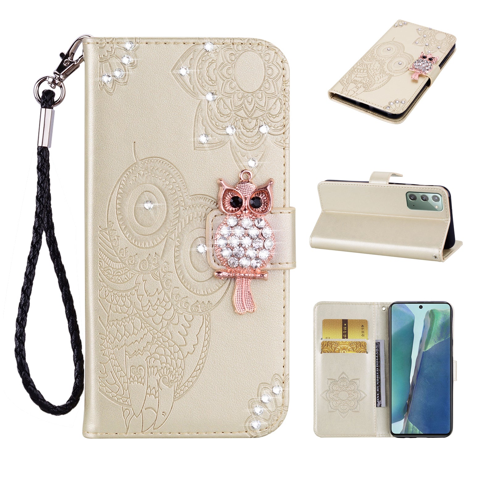 Rhinestone Decor Imprint Owl Flower Leather Wallet Stand Case for Samsung Galaxy Note20 4G/5G