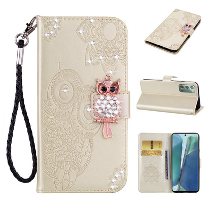 Rhinestone Decor Imprint Owl Flower Leather Wallet Stand Case for Samsung Galaxy Note20 4G/5G