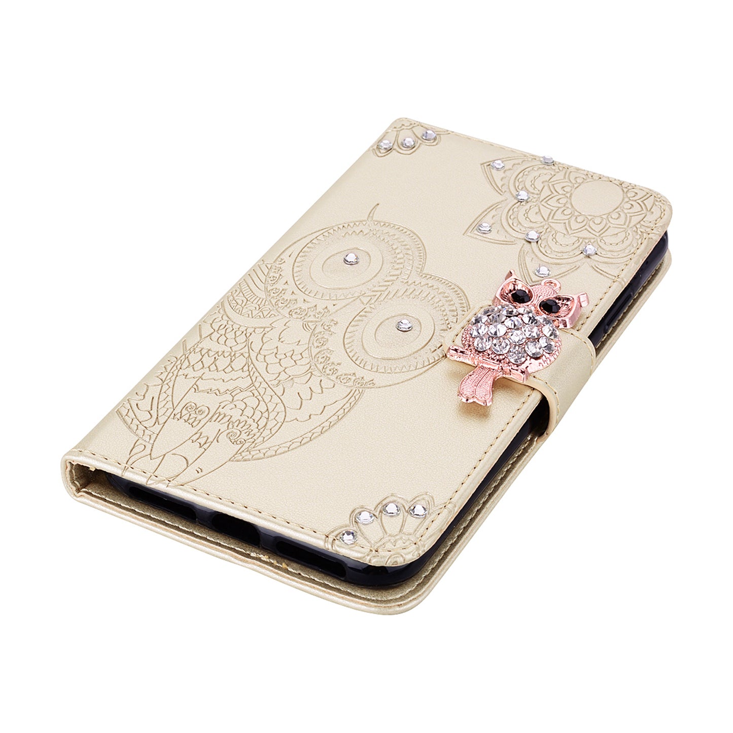 Rhinestone Decor Imprint Owl Flower Leather Wallet Stand Case for Samsung Galaxy Note20 4G/5G