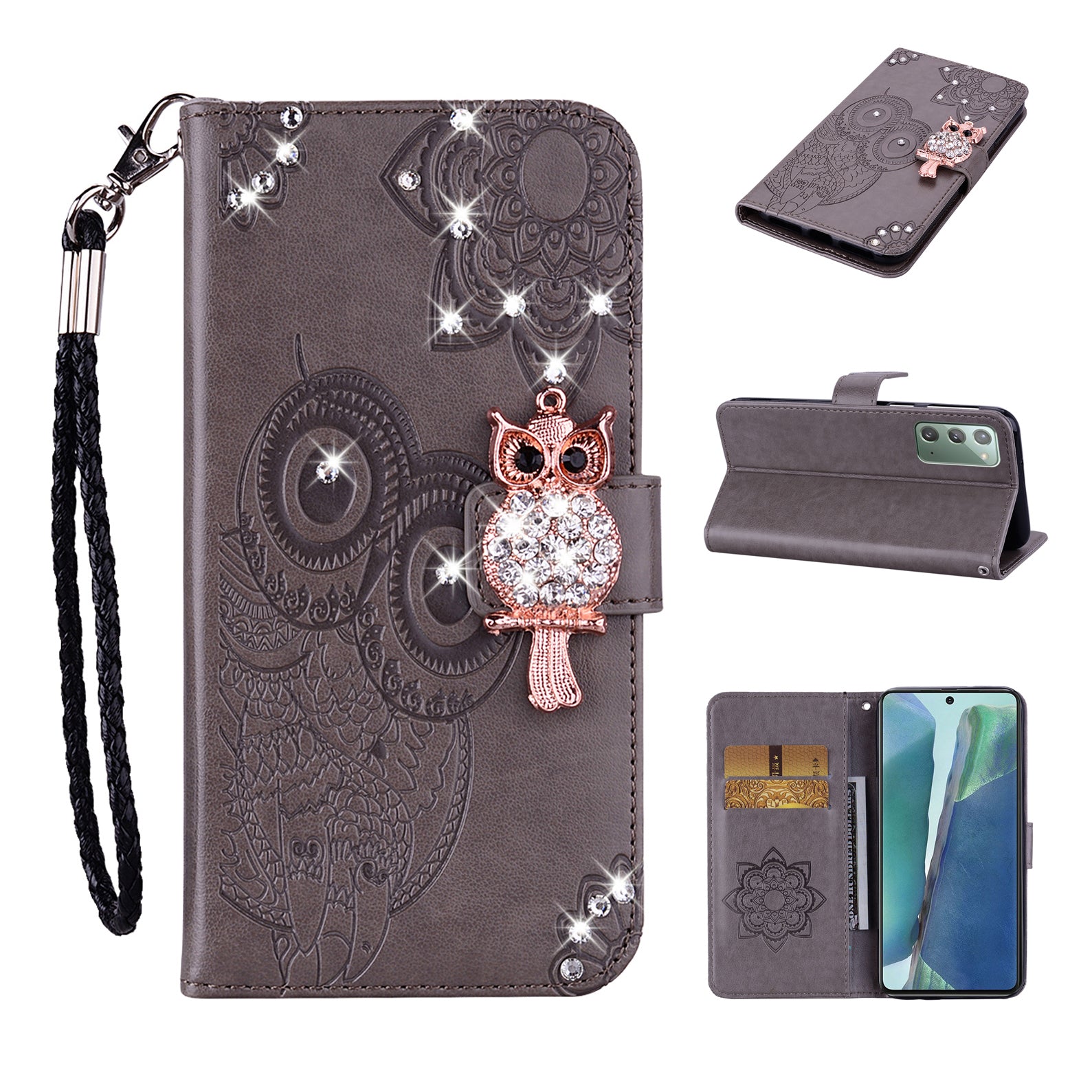 Rhinestone Decor Imprint Owl Flower Leather Wallet Stand Case for Samsung Galaxy Note20 4G/5G