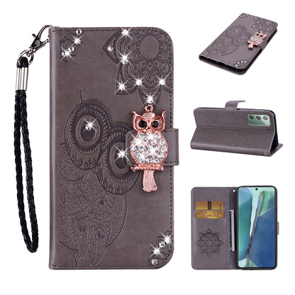 Rhinestone Decor Imprint Owl Flower Leather Wallet Stand Case for Samsung Galaxy Note20 4G/5G