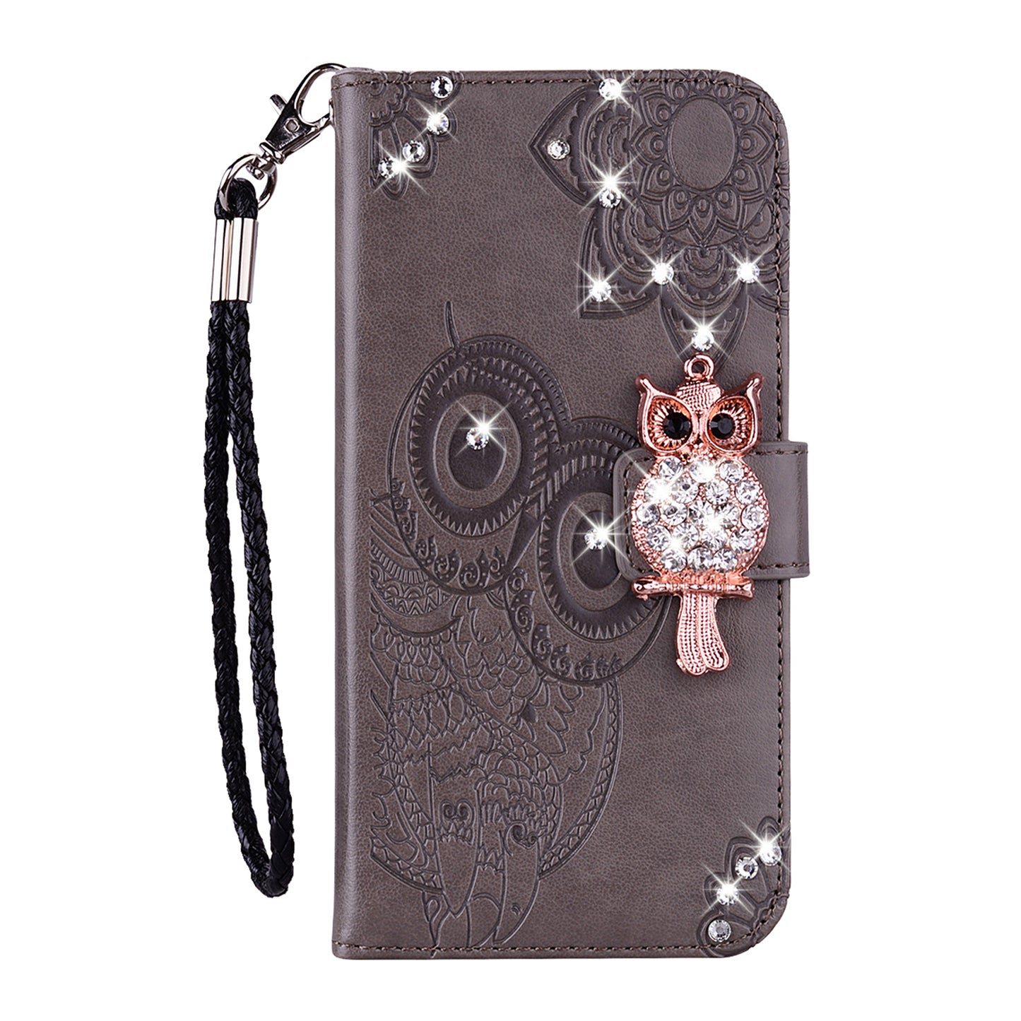 Rhinestone Decor Imprint Owl Flower Leather Wallet Stand Case for Samsung Galaxy Note20 4G/5G