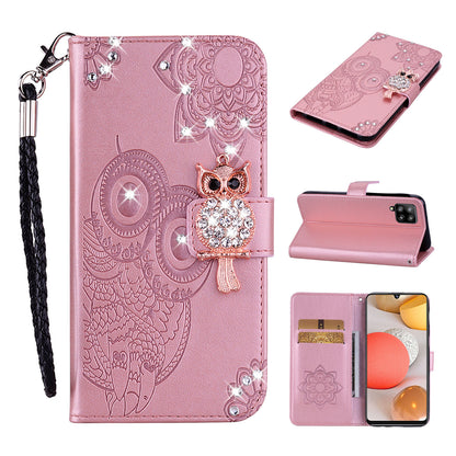 Rhinestone Decoration Imprint Owl Leather Shell Wallet Stand Phone Cover for Samsung Galaxy A42 5G